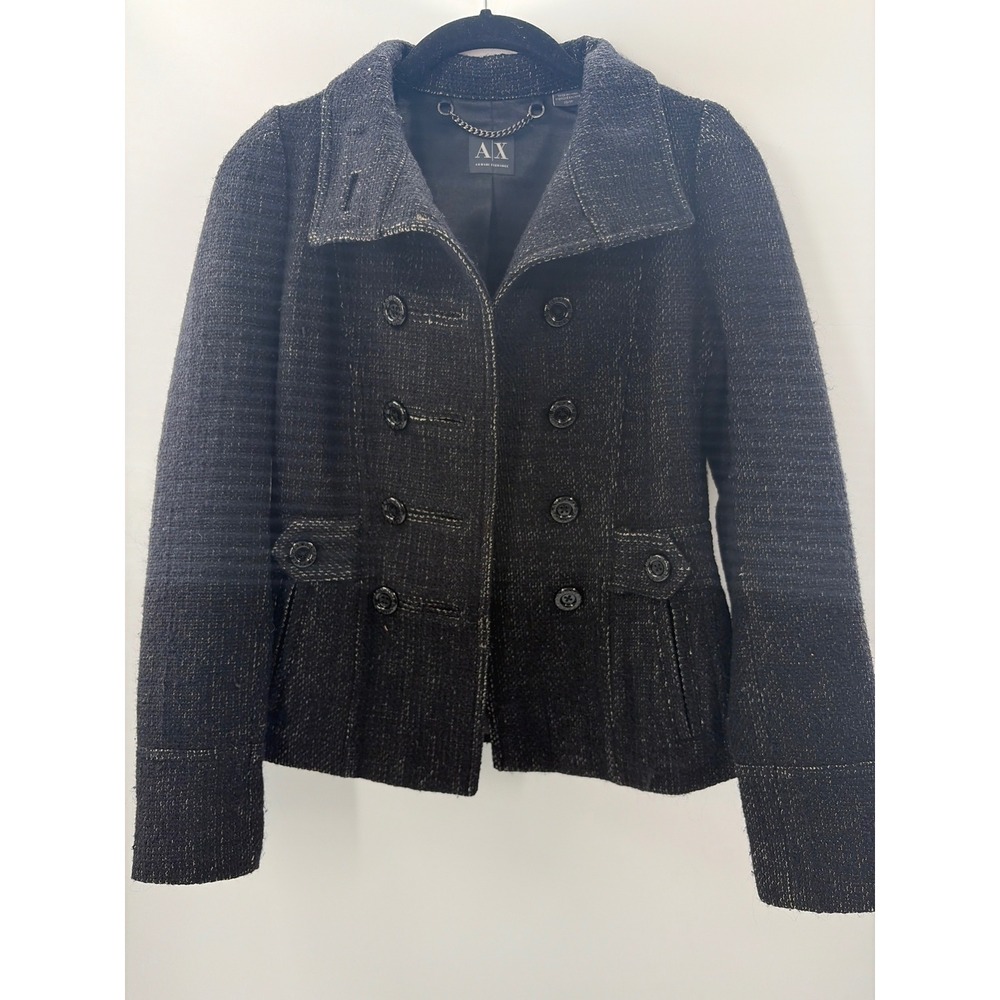 Armani Exchange AX Womens XS Black Tweed Double Breasted Pea Coat Jacket